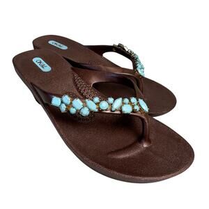 Okal Brown Wedge Sandals Size M Turquoise Beads Coins Boho Comfort Thong 2.5"